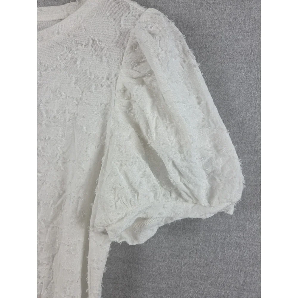 LOFT White Puff Sleeve Top M Petite Textured Fluffy Fabric Cottagecore Fairy NEW